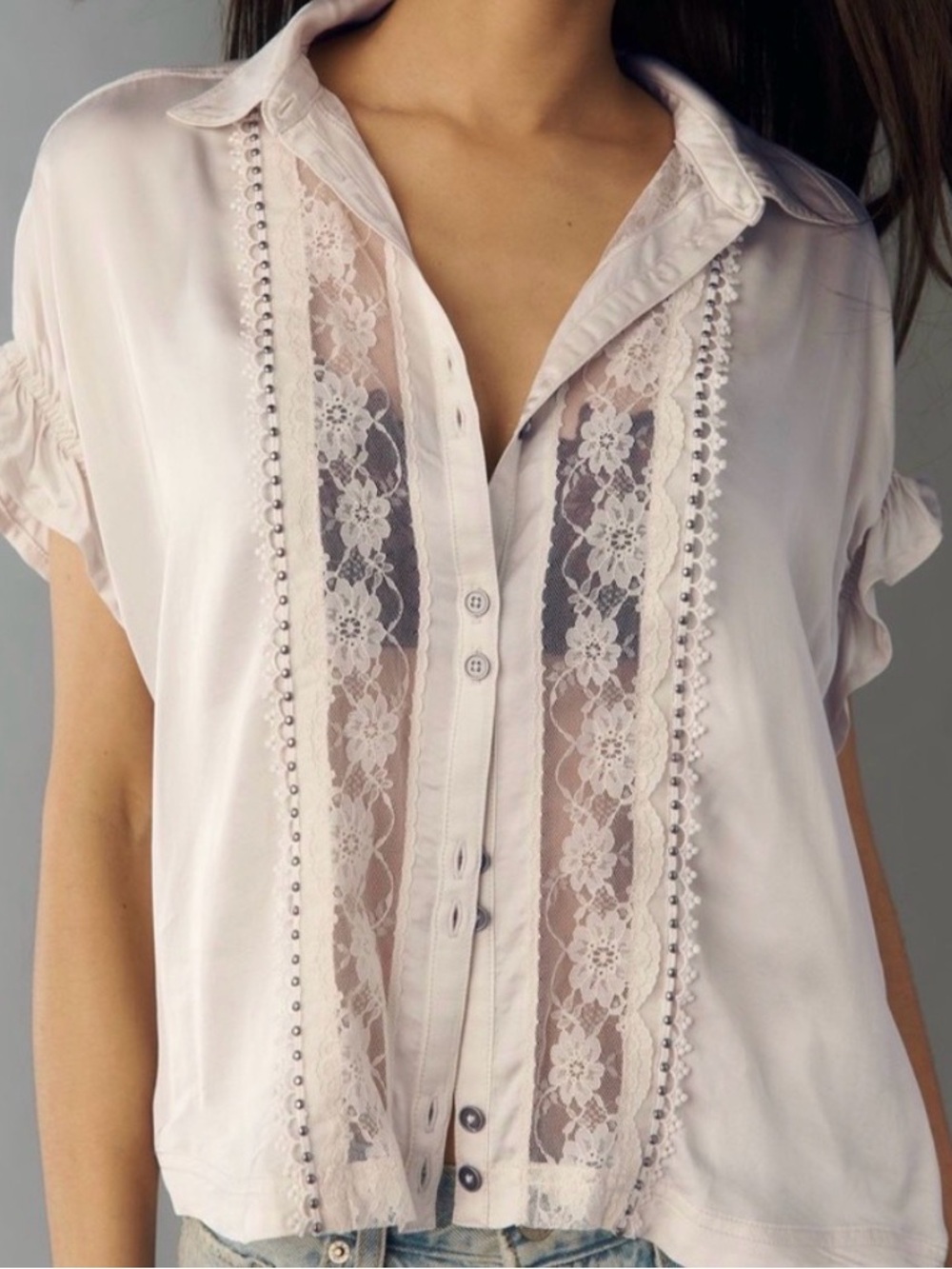 Pilcro Anthropologie Pink Lace-Trim Button Down Top